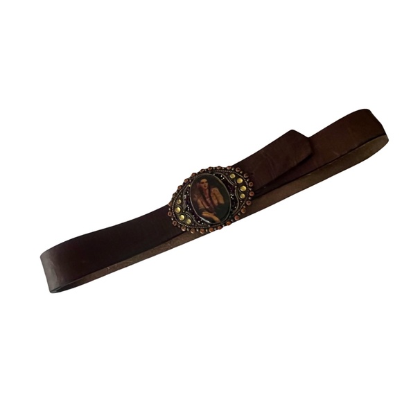 Vintage “The Goddess Image” Buckle w/Rhinestone Crystal Jeweled Leather Belt - Picture 3 of 11